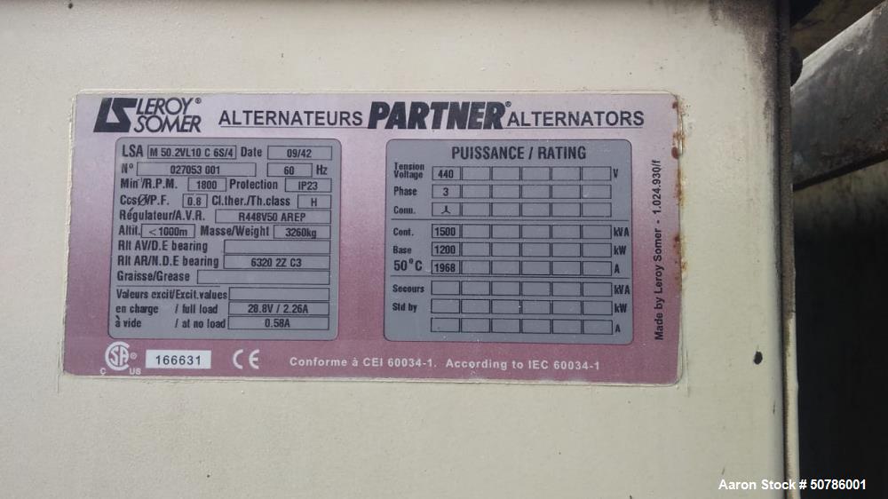 Used- Cummins 1200/1500 kW Standby Diesel Generator Set