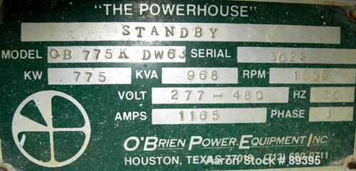 Used Cummins 775 kW Diesel Generator Set. Cummins model KTA38-GI engine, serial #31132466, rated 1135 hp at 1800 rpm. O'Brien generator end, 3/60/277/480 volt, model OB775KWDW63, serial #3029. Curren...