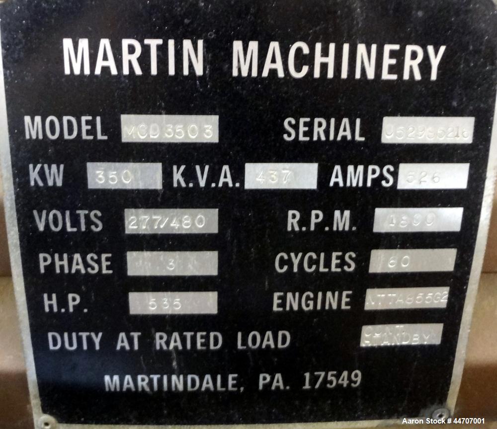 Used Cummins 350 kW standby diesel generator set, Cummins NTTA855G2 engine rated 535 HP @ 1800 RPM, SN-18109439. 3/60/277/480V. 600 Amp main line circuit breaker. Weather enclosure. 215 Hours. Year 1...
