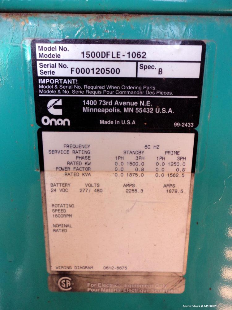 Used Cummins 1500 kW standby (1250kW prime) diesel generator set. Cummins Model 1500DFLE-1062, SN-F000120500, Cummins KTA50-G9 engine rated 2220 HP at 1800 RPM, emissions EPA tier 1, SN-33146331. 3/6...