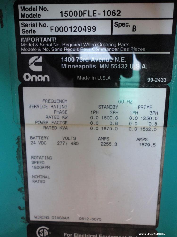 Used Cummins 1500 kW standby (1250kW prime) diesel generator set. Cummins Model 1500DFLE-1062, SN-F000120499. Cummins KTA50-G9 engine rated 2220 HP @ 1800 RPM, emissions EPA tier 1, SN-33146315. 3/60...