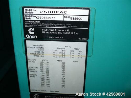 Used Cummins/Onan 250 kW Diesel Generator Set. Cummins model 250DFAC, 3/60/480V. Power Command digital control panel. Weather enclosure. 18 hours. Yr 1997.