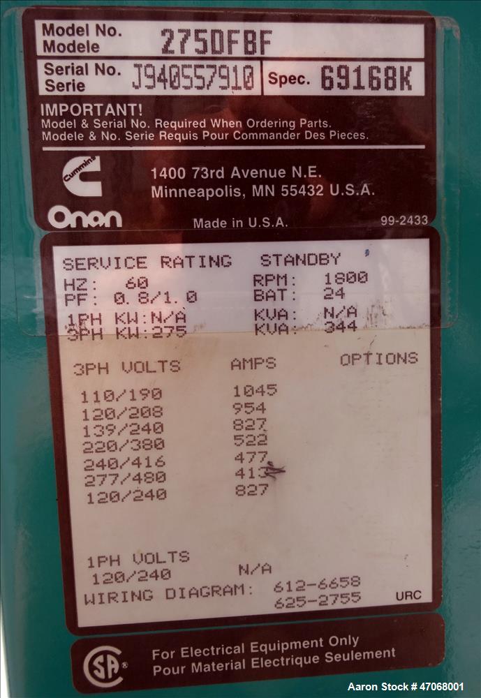 Used Cummins 275 kW diesel generator  model 275DFBF. Cummins NT855-G6 engine