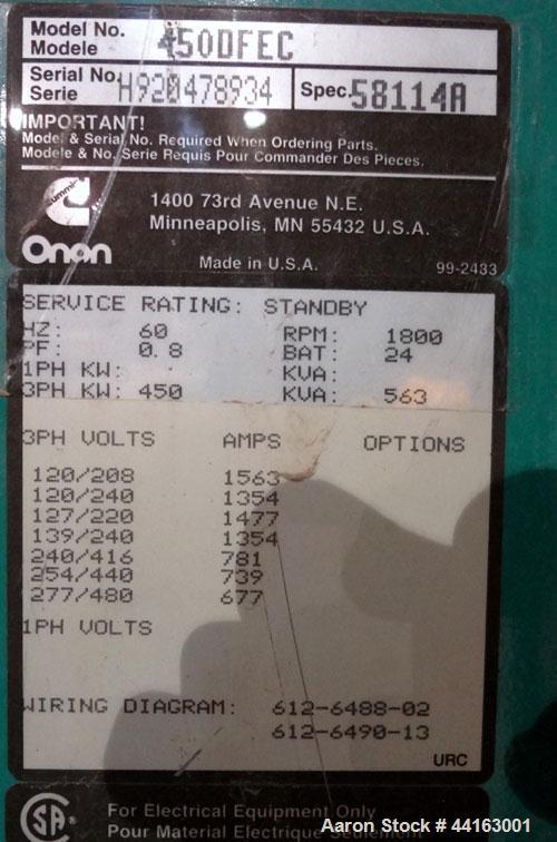 Used Cummins 450kW standby (410 kW prime) diesel generator set, Cummins DFEC, SN-H920478934. Cummins KTA19-G3 engine rated 685 HP @ 1800 RPM, SN-31143698. 3/60/277/480 V. PMG permnaent magnet generat...