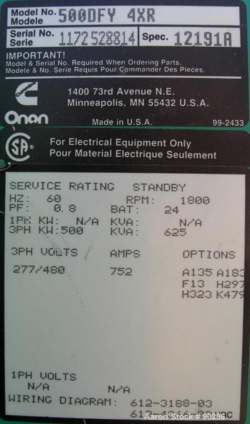 USED: Cummins/Onan 500 kW diesel driven generator, model 500DFY-4XR. 625 kva, 3/60/277-480 volt, 1800 rpm, 752 amp. Driven by a Cummins engine, model VTA1710PGC800, radiator cooled, SO #68900, serial...