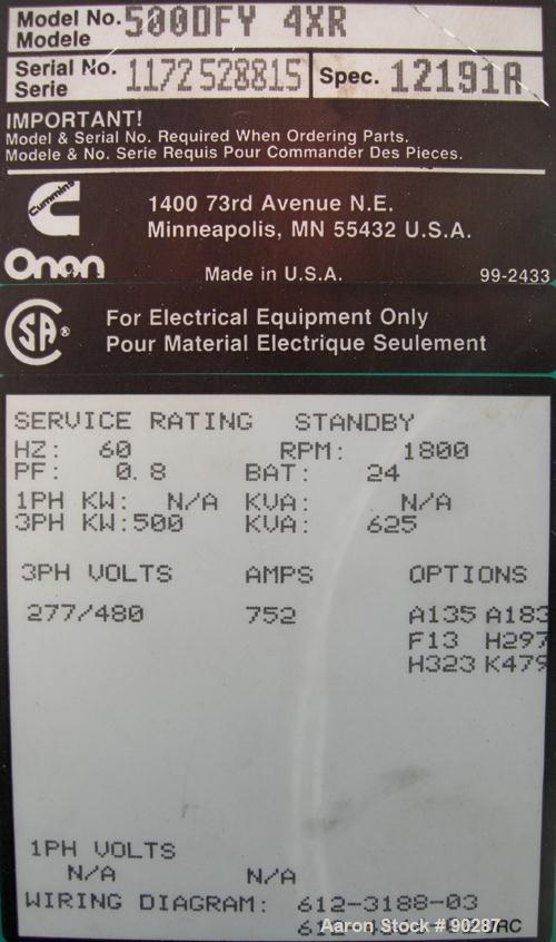 USED: Cummins/Onan 500 kW diesel driven generator, model 500DFY-4XR. 625 kva, 3/60/277-480 volt, 1800 rpm, 752 amp. Driven by a Cummins engine, model VTA1710PGC800, radiator cooled, SO #68900, serial...
