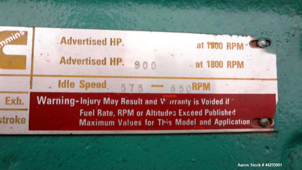 Used Cummins 600 kW standby(545kW prime) diesel generator set, model 600DFGB, SN-K920490743. Cummins VTA28-G2 engine rated 900 HP @ 1800 RPM, SN-25187524. 3/60/120/208V, reconnectable to other voltag...