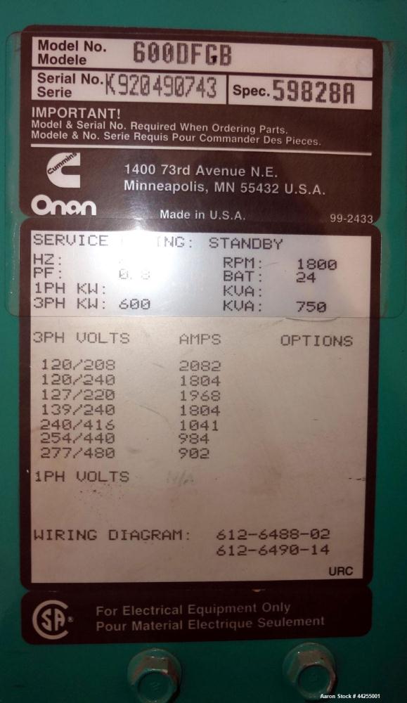 Used Cummins 600 kW standby(545kW prime) diesel generator set, model 600DFGB, SN-K920490743. Cummins VTA28-G2 engine rated 900 HP @ 1800 RPM, SN-25187524. 3/60/120/208V, reconnectable to other voltag...