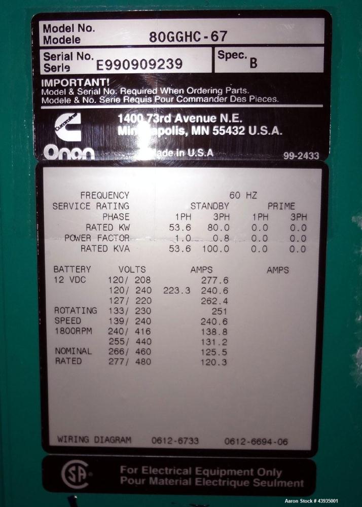 Used Cummins / Onan 80 kW Standby Natural Gas Generator Set, Model 80GGHC-67, Serial E990909239. Ford LSG-875I-6005-A engine, serial 13606-1-04-98. 3/60/277/480. 150 Amp mainline circuit breaker. Coo...