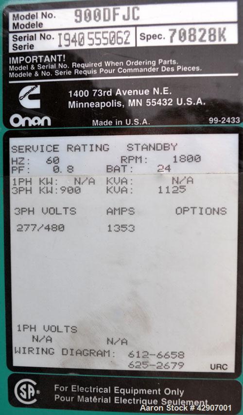 Used Cummins / Onan 900kW Diesel Generator Set. Cummins model DFJC, SN-I940555062. Cummins KTA 38-G3 engine SN-33127399, rated 1340 HP @ 1800 RPM. 3/60/480V. PowerCommand digital panel. 1600 Amp main...