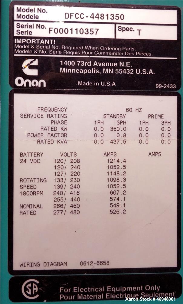 Used Cummins 350 kW diesel generator  model DFCC. Cummins NTA855-G3 engine