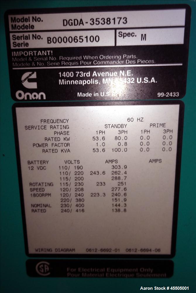 Used Cummins 80kW Standby Diesel Generator Set, Model DGDA