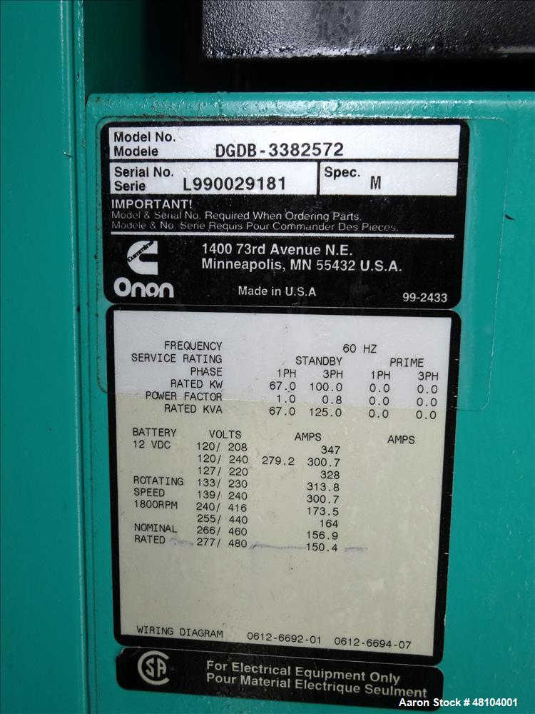 Used Cummins 100 kW Standby (90 kW Prime) Diesel Generator Set, Model DGDB-3382