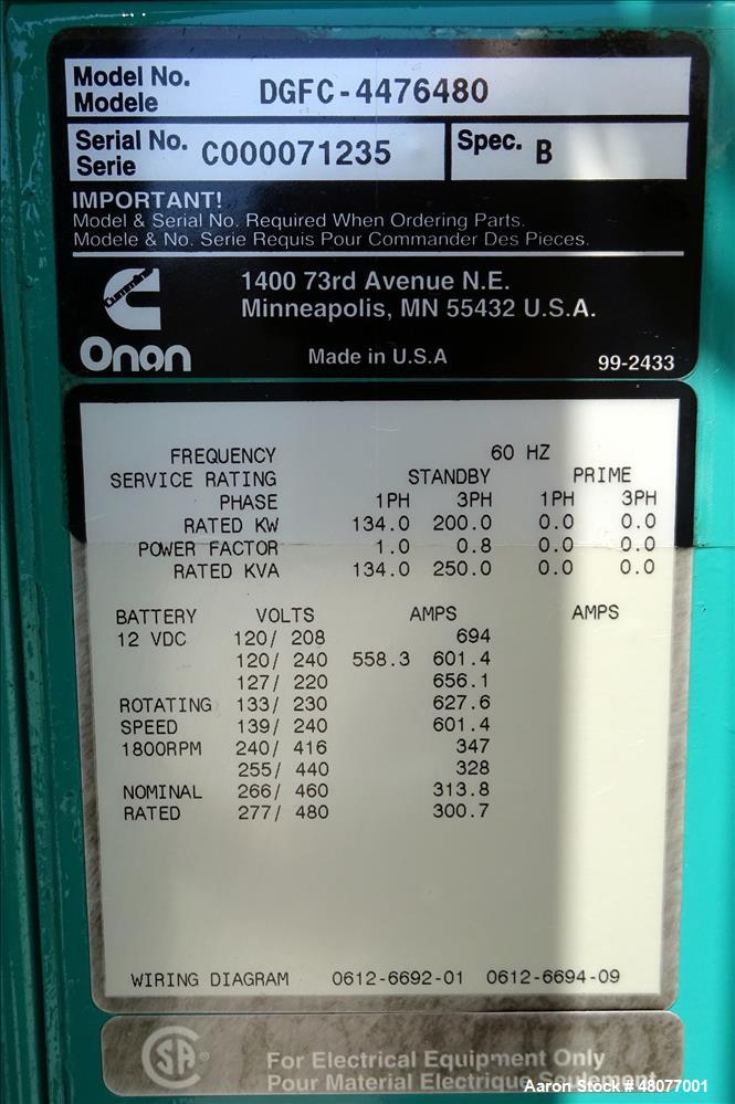 Used Cummins 200 kW  model DGFC. Cummins 6CTAA8.3-G2 engine.