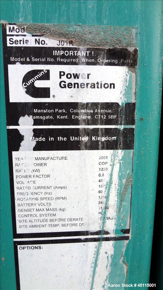Used Cummins 1250 kW Natural Gas Generator Set SN-J0K189310. Cummins QSV91-G engine, 1200 rpm, SN-66300334. 3/60/480V. Top end overhaul completed. Generator end rewound. Last documented hours 15748. ...