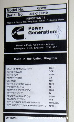 Used Cummins 1250 kW Natural Gas Generator Set SN-J0K189310. Cummins QSV91-G engine, 1200 rpm, SN-66300334. 3/60/480V. Top end overhaul completed. Generator end rewound. Last documented hours 15748. ...