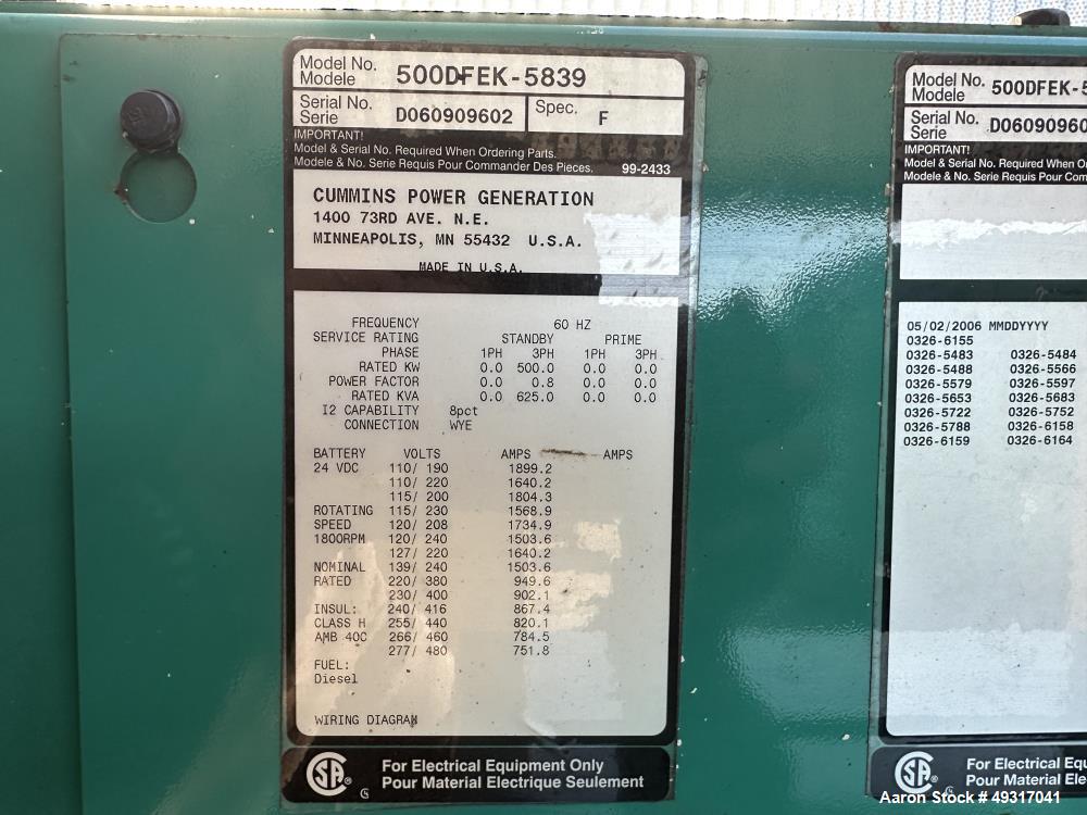 Used Cummins DFEK 500 kW Diesel Generator — QSX15-G9, 328 Hrs, UL 2200