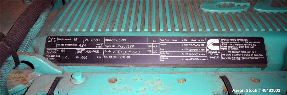 Used Cummins 500 kW Diesel Generator Model DFEK. Cummins QSK15-G9 Engine.