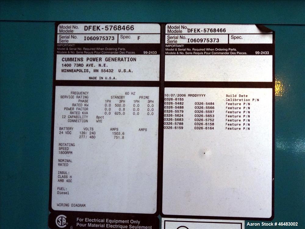 Used- Cummins 500 kW Diesel Generator Model DFEK. Cummins QSK15-G9 Engine.