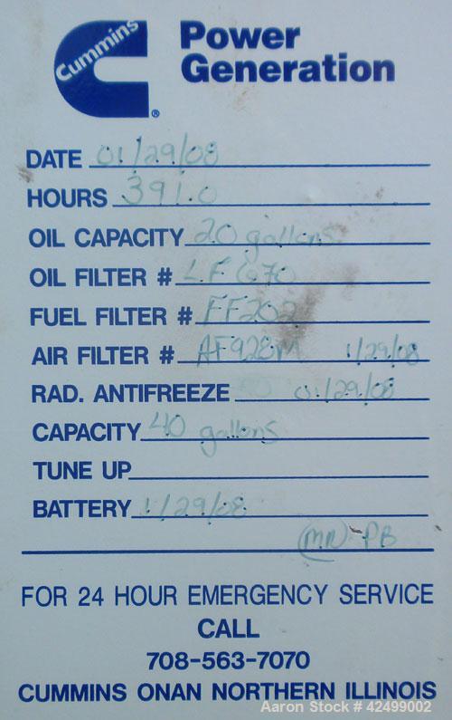 Used Cummins 510 kW Standby Generator Set. 3/60/277/480V. Cummins Engine Model VTA-1710-GS, Engine No. 37102212. Stand alone control panel with 800 Amp breaker. 314 hrs.