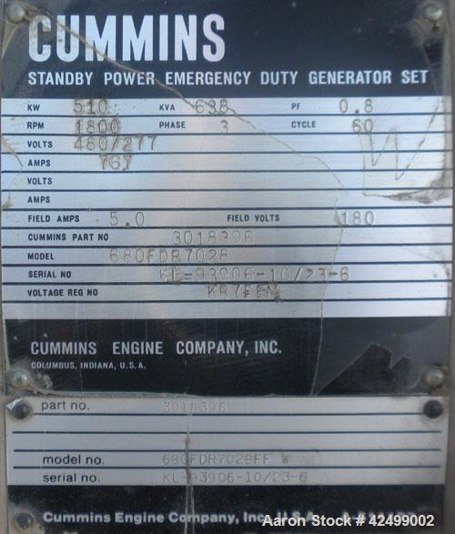 Used Cummins 510 kW Standby Generator Set. 3/60/277/480V. Cummins Engine Model VTA-1710-GS, Engine No. 37102212. Stand alone control panel with 800 Amp breaker. 314 hrs.