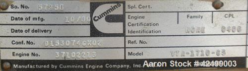 Used Cummins 510 kW Standby Generator Set. 3/60/277/480V. Cummins Engine Model VTA-1710-GS, Engine No. 37102213. Stand alone control panel with 800 Amp breaker. 294 hrs.
