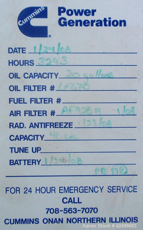 Used Cummins 510 kW Standby Generator Set. 3/60/277/480V. Cummins Engine Model VTA-1710-GS, Engine No. 37102213. Stand alone control panel with 800 Amp breaker. 294 hrs.