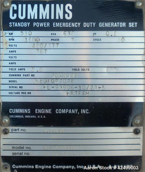 Used Cummins 510 kW Standby Generator Set. 3/60/277/480V. Cummins Engine Model VTA-1710-GS, Engine No. 37102213. Stand alone control panel with 800 Amp breaker. 294 hrs.