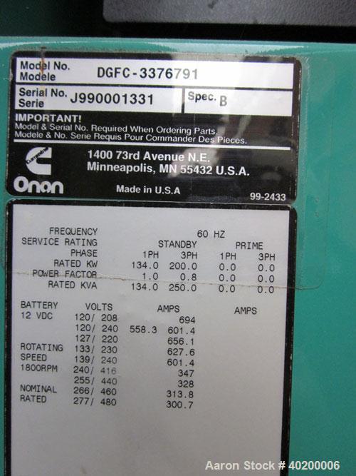 Used Cummins 200 kW Standby (180 kW prime) Diesel Generator Set, Cummins DGFC - 3376791 SN-J990001331. Cummins 6CTAA8.3-G3 engine rated 317 hp @ 1800 RPM. 3/60/277/480V. PowerCommand digital control ...