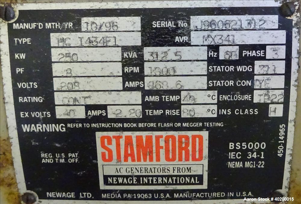 Used Cummins 250 kW standby natural gas generator set type HC I434F1,
