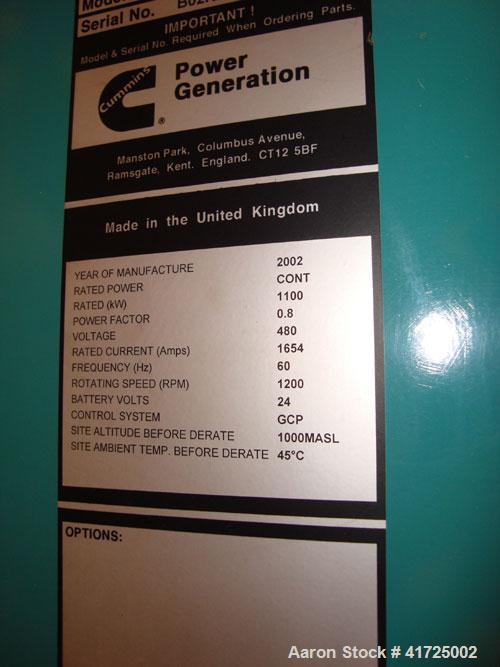 Used Cummins 1100 kW Cont Rated Natural Gas Generator Set. Cummins QSV81-G engine, 1200 rpm. Newage Stamford end, 3/60/480V.  5528 hours. Built 2002. Includes:  Unit mounted Cummins Power Command dig...