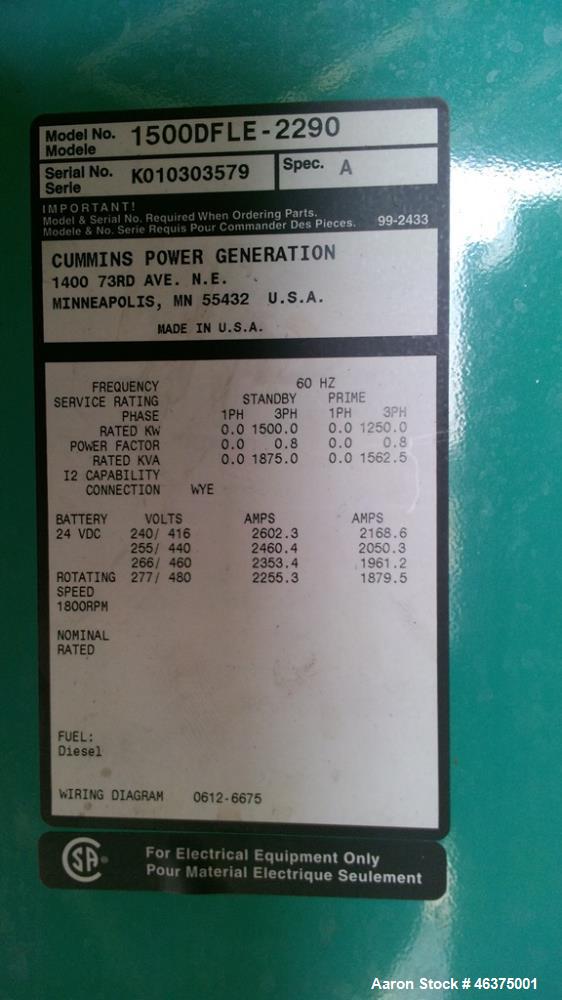 Used Cummins 1500 kW standby (1250 kW prime) diesel generator set, model 1500DFLE, SN-K010303579. Cummins KTA-50-G9 engine rated 2220 HP at 1800 RPM, SN-25274894. 3/60/277/480V. PMG  permanent magnet...