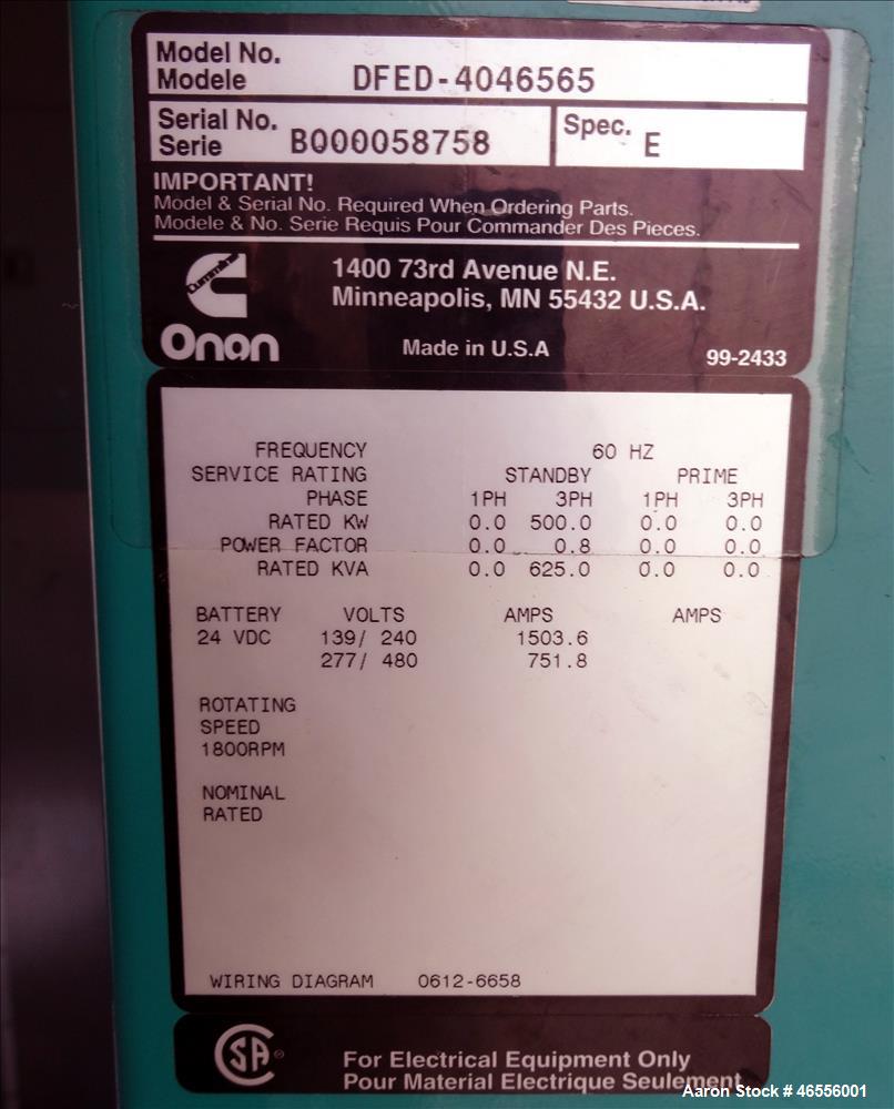 Used Cummins 500 kW Standby (455 kW Prime) Diesel Generator Set, Model DFED-404