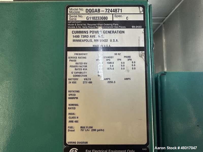 Used Cummins DQGAB 1500 kW Diesel Generator – Tier 2, PMG, Sound Enclosure, UL2085 Fuel Tank