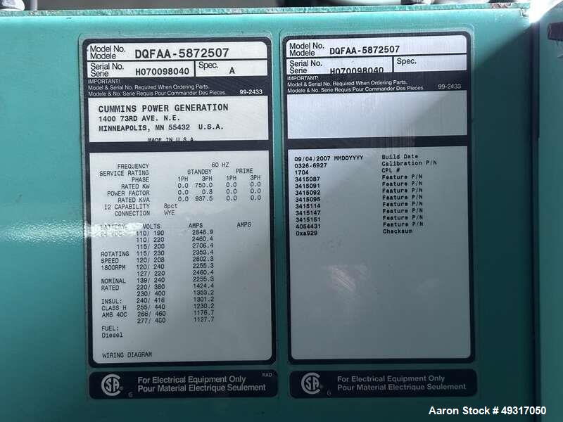 Used Cummins 750 kW Diesel Generator – DQFAA, Tier 2, 480V Capable, UL2085 Tank, Passed Load Test