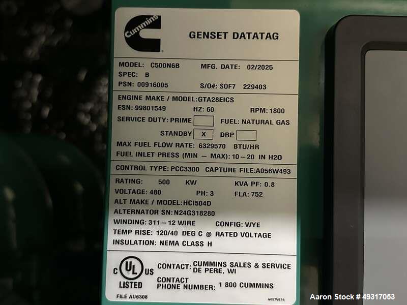 Unused Cummins 500 kW Natural Gas Generator – C500N6B, Utility Paralleling, Sound Enclosure, 2025