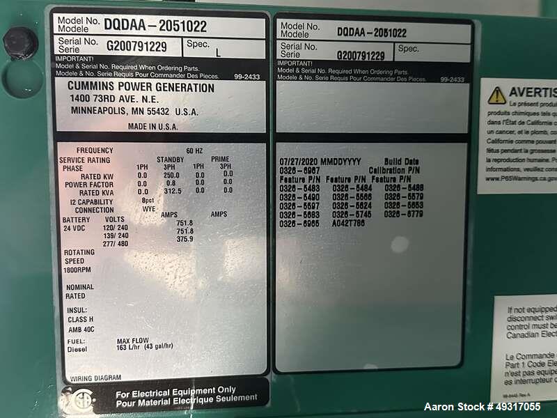 Used Cummins 250 kW Diesel Generator – DQDAA, Tier 3, UL142 Fuel Tank, OSHPD Seismic Rated, 2020