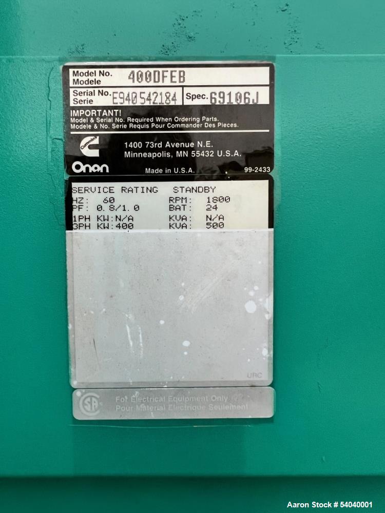 Used 400kW Cummins Enclosed Diesel Generator – Model 400DFEB, 1300-Gal Tank, 955 Hours, 3-Phase