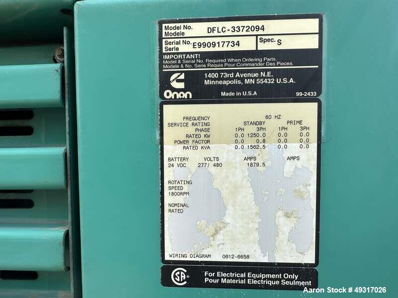Used Cummins Model DFLC.1250 kW Standby (1100 kW prime) Diesel Generator Set