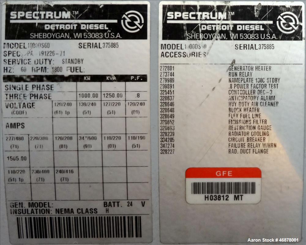 Used- Detroit Diesel Spectrum 1000 kW diesel generator. Detroit 24V-71TA engine