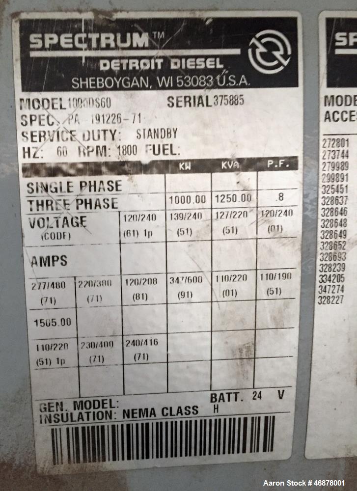 Used- Detroit Diesel Spectrum 1000 kW diesel generator. Detroit 24V-71TA engine