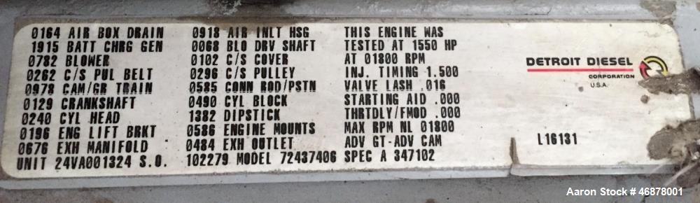 Used- Detroit Diesel Spectrum 1000 kW diesel generator. Detroit 24V-71TA engine