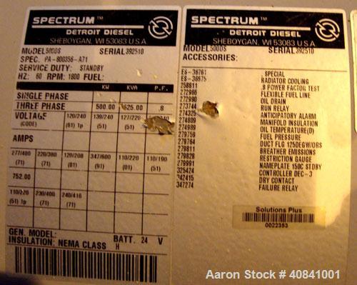 Used Detroit Diesel 500 kW Diesel Generator Set. Detroit Diesel engine model 12VF012998, serial #290756. Spectrum generator, 3/60/277/480V, model 500DS60, serial #392510. 400 hrs. 1996.