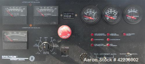 Used Detroit Diesel / Spectrum 150 kW standby generator set. Model 150DS60 SN-387426. 3/60/277/480V.Main-line curcuit breaker. Battery charger, block heater, sub-base fuel tank, muffler. 275Hrs,