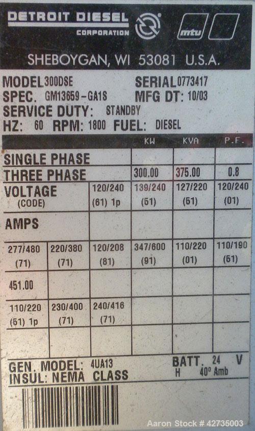 Used- Detroit Diesel / MTU trailer mounted 300 kW diesel generator set, Detroit Diesel model 300DSE, serial #773417, Detroit...