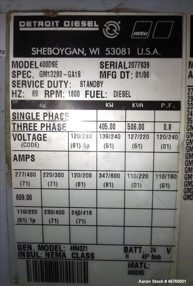 Used Detroit Diesel 405 kW diesel generator model 400DSE. Detroit Series 60 engi