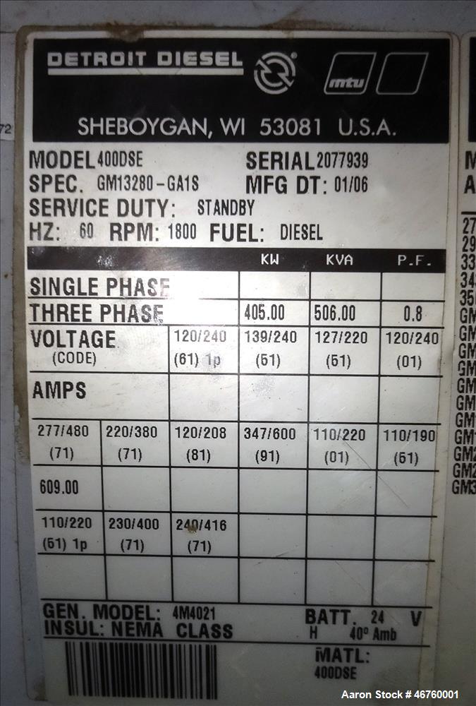 Used-Detroit Diesel 405 kW diesel generator model 400DSE. Detroit Series 60 engi