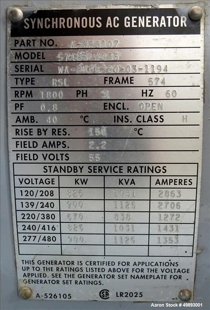 Used Detroit Diesel Spectrum 800 kW Standby Diesel Generator Set, Model 800DS60