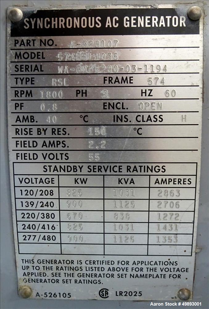 Used- Detroit Diesel Spectrum 800 kW Standby Diesel Generator Set, Model 800DS60