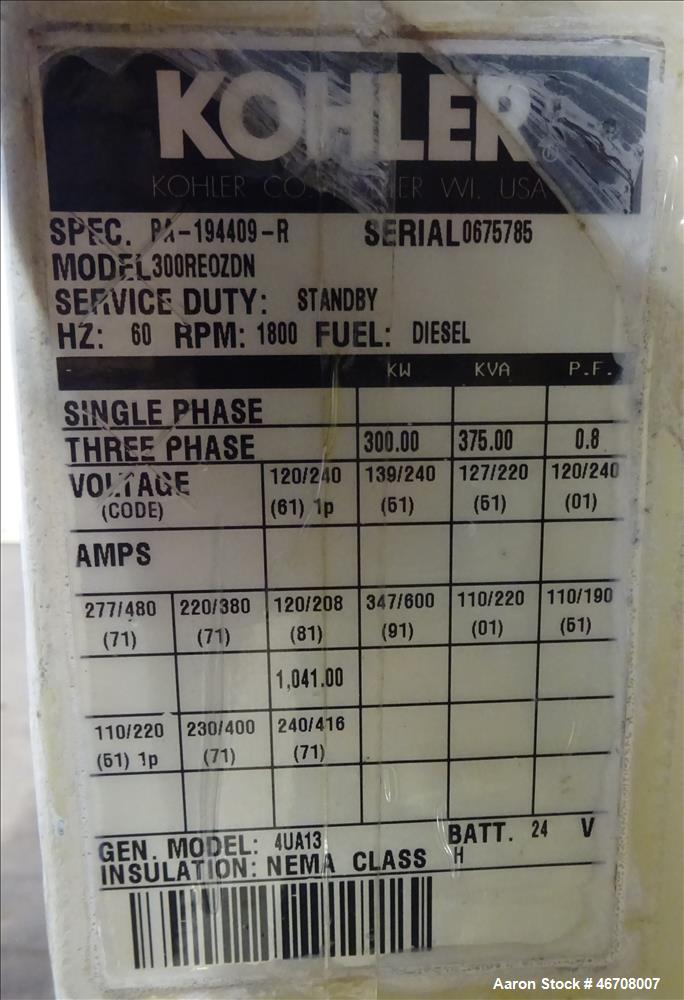 Used Kohler 300 kW Diesel Generator, Model 300REOZDN.